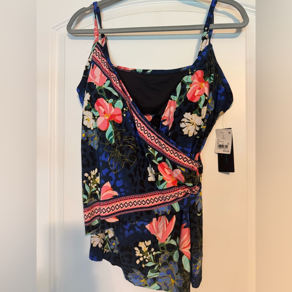 NWT Aqua Green Floral Wrap Swim Tankini Top